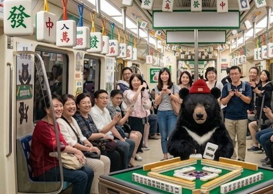 台灣黑熊,台灣熊愛打麻將,台灣黑熊打麻將,高捷麻將藝術,麻將毯地板,熊掌摸牌,熊愛摸兩把,熊出沒注意,國寶熊界雀聖,國寶打牌,熊界傳奇,黑熊麻將叢林通勤,高雄捷運黑熊車廂,高雄黑熊裝置藝術